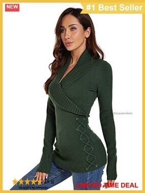 Slim Fit Shawl Collar Faux Wrap Lace Up Long Sleeve Acrylic Sweater Pullover